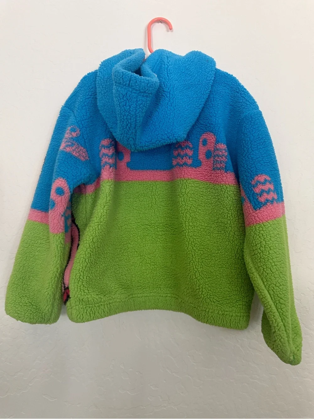 Blue & Green Fuzzy Zip Hoodie with Pink Character Graphic